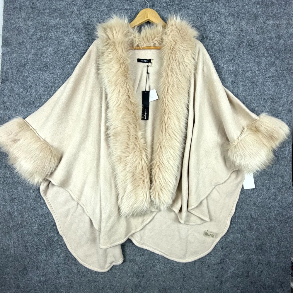 May Logan Poncho Cape Womens One Size Beige Acrylic‎ Faux Fur Trim Old Money Lux